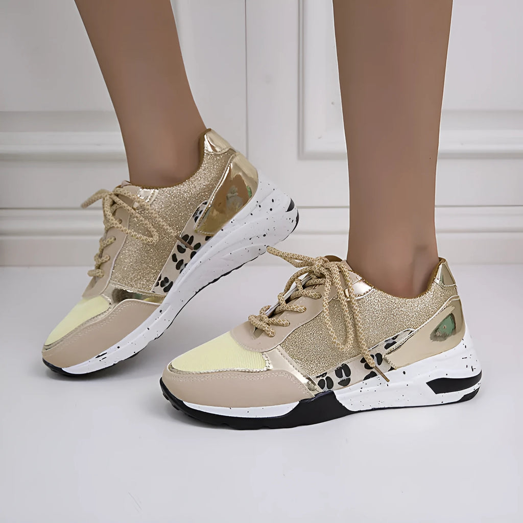Women's lace up wedge flat sneakers in beige, round toe, artificial PU upper, side view