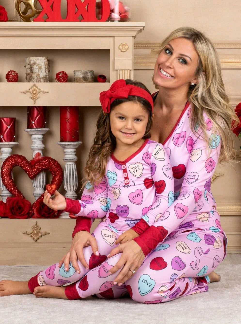 Valentine's Day family matching cotton pajamas with heart print design