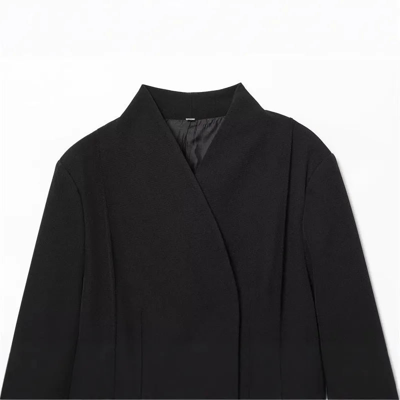 Women's black loose fit long sleeve suit jacket polyester blended fabric solid colour