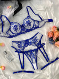 Women's see-through embroidered underwear suit with cutout design and garters in three colour options
