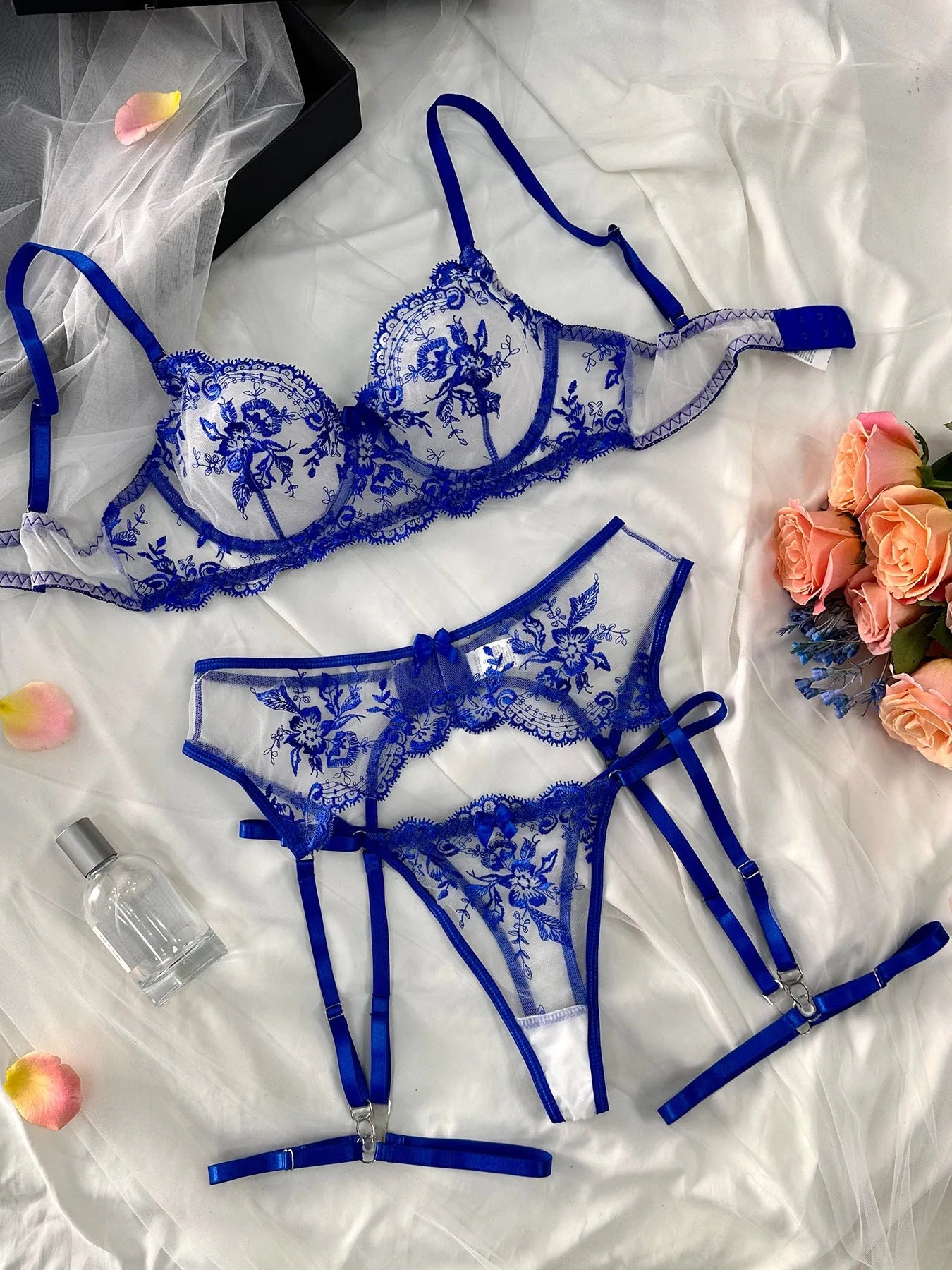 Women's see-through embroidered underwear suit with cutout design and garters in three colour options