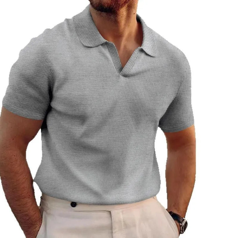 Men's slim-fit waffle weave t-shirt with lapels collar in solid colours
