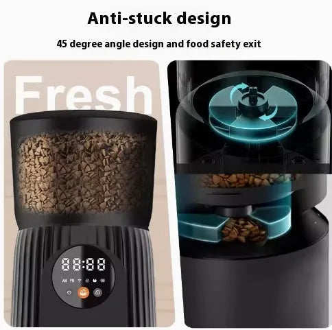 Black and white automatic pet feeder with digital display and USB connection
