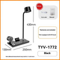 White intelligent wireless charging lamp with digital clock display on a wooden table.