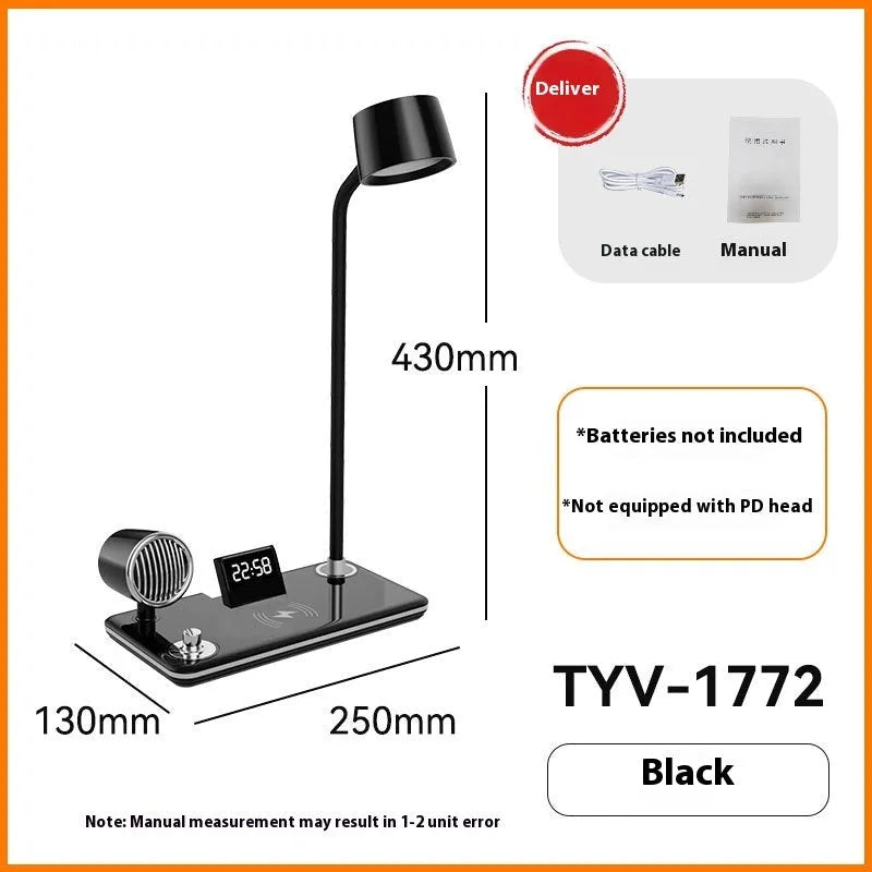 White intelligent wireless charging lamp with digital clock display on a wooden table.