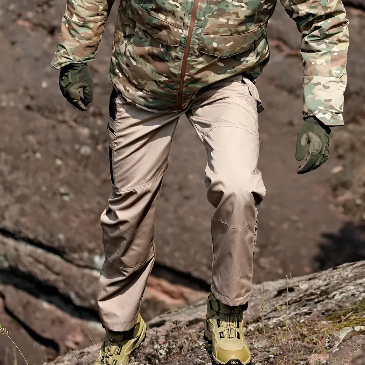 Multi-pocket water repellent outdoor pants in polyester cotton blend, available in five colours, sizes S to XXXL