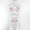 White mesh lace lingerie four-piece set with floral embroidery and dot pleated details