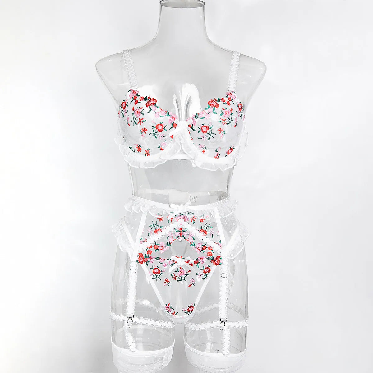 White mesh lace lingerie four-piece set with floral embroidery and dot pleated details