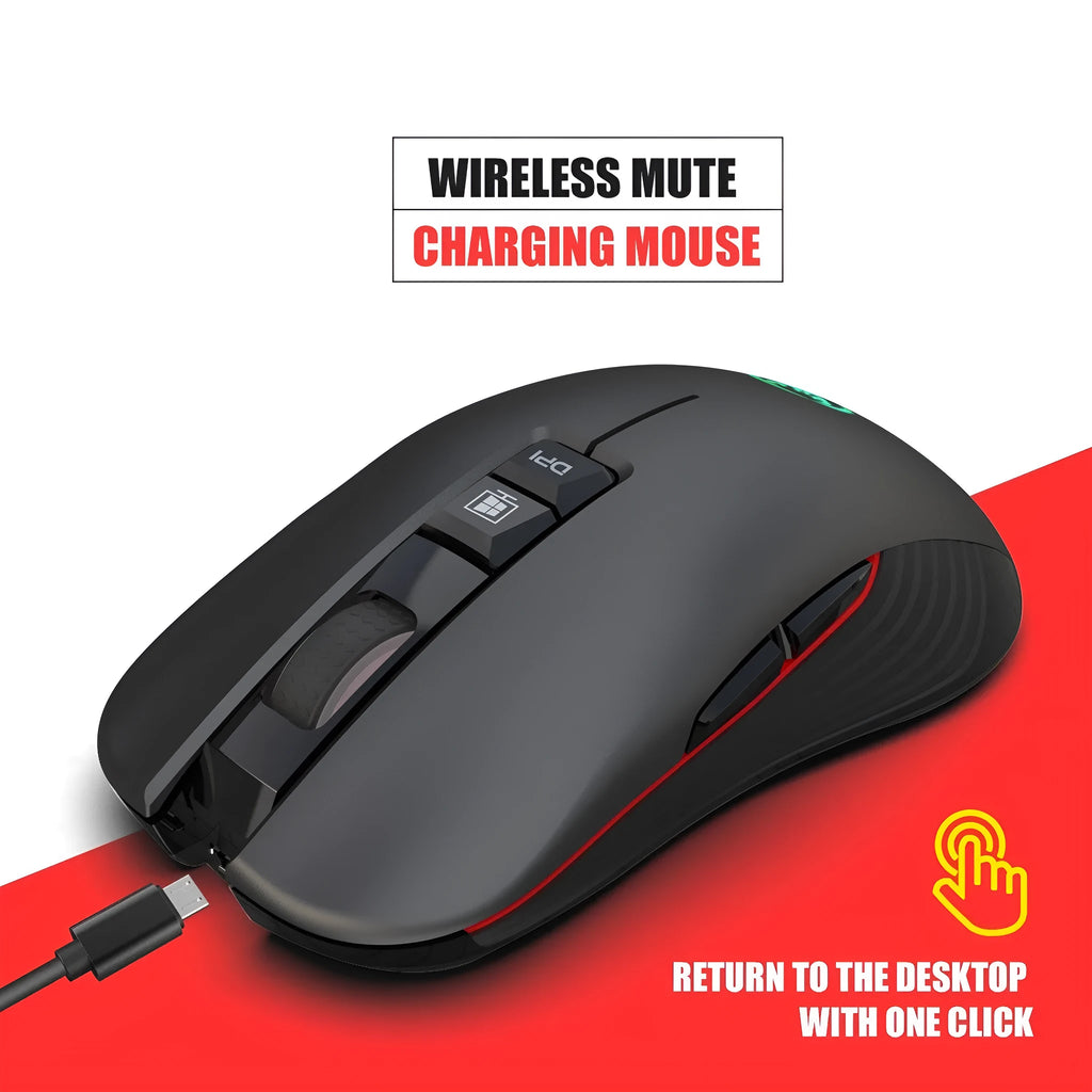 Black ergonomic wireless gaming mouse with multi-colour breathing LED lights on a desk.