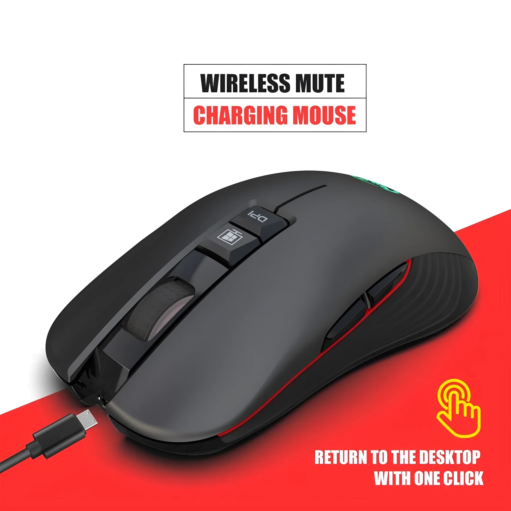 Black ergonomic wireless gaming mouse with multi-colour breathing LED lights on a desk.