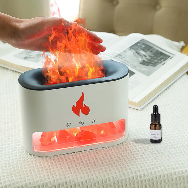 White square desktop humidifier with glowing 3D flame effect and colourful LED lights