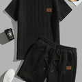 Men's black solid colour short sleeve ribbed T-shirt and matching shorts sportswear set with patch design