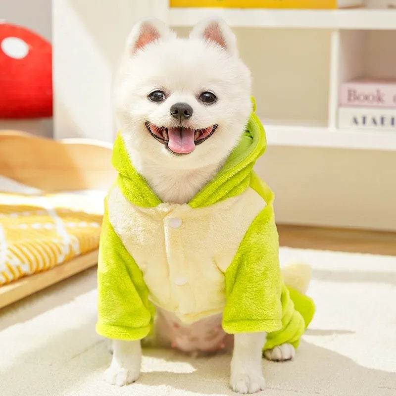 Green fleece dinosaur costume for small dogs with four legs, white chameleon back, and cartoon eyes