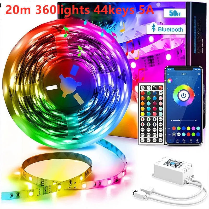Bluetooth-controlled RGB LED light strip kit with 44-key remote and optional IP65 waterproof coating