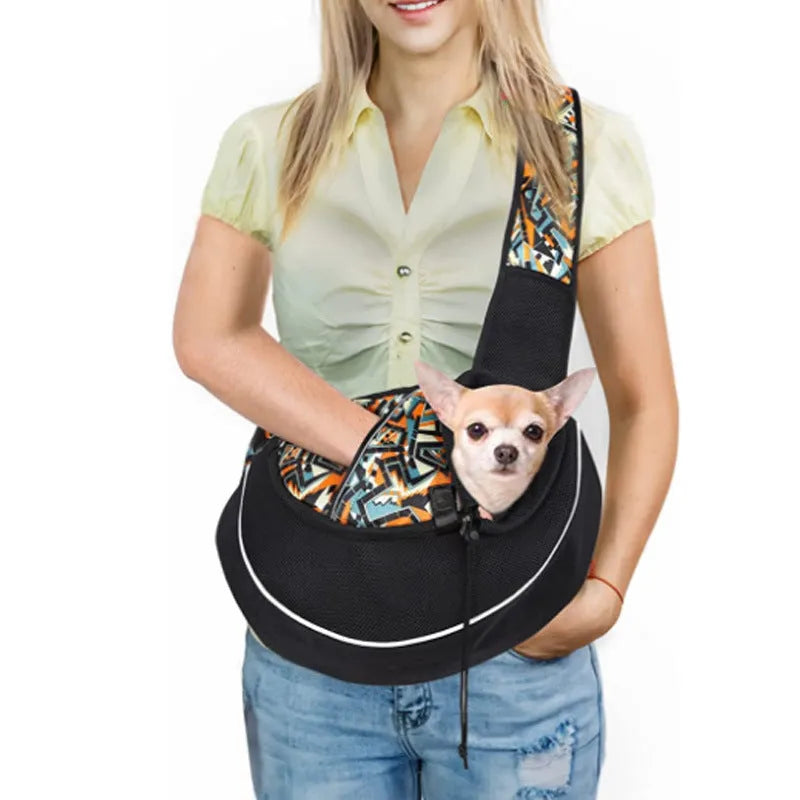 Outdoor portable crossbody pet carrier bag for dogs cats, black Oxford material, drawstring closure