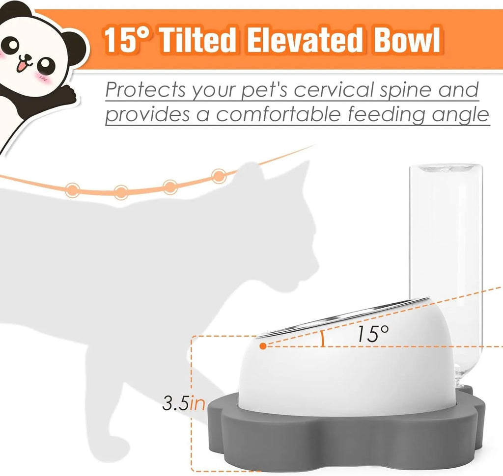 Grey and green panda-shaped raised pet bowl set with tilted bowls and a large water bottle.