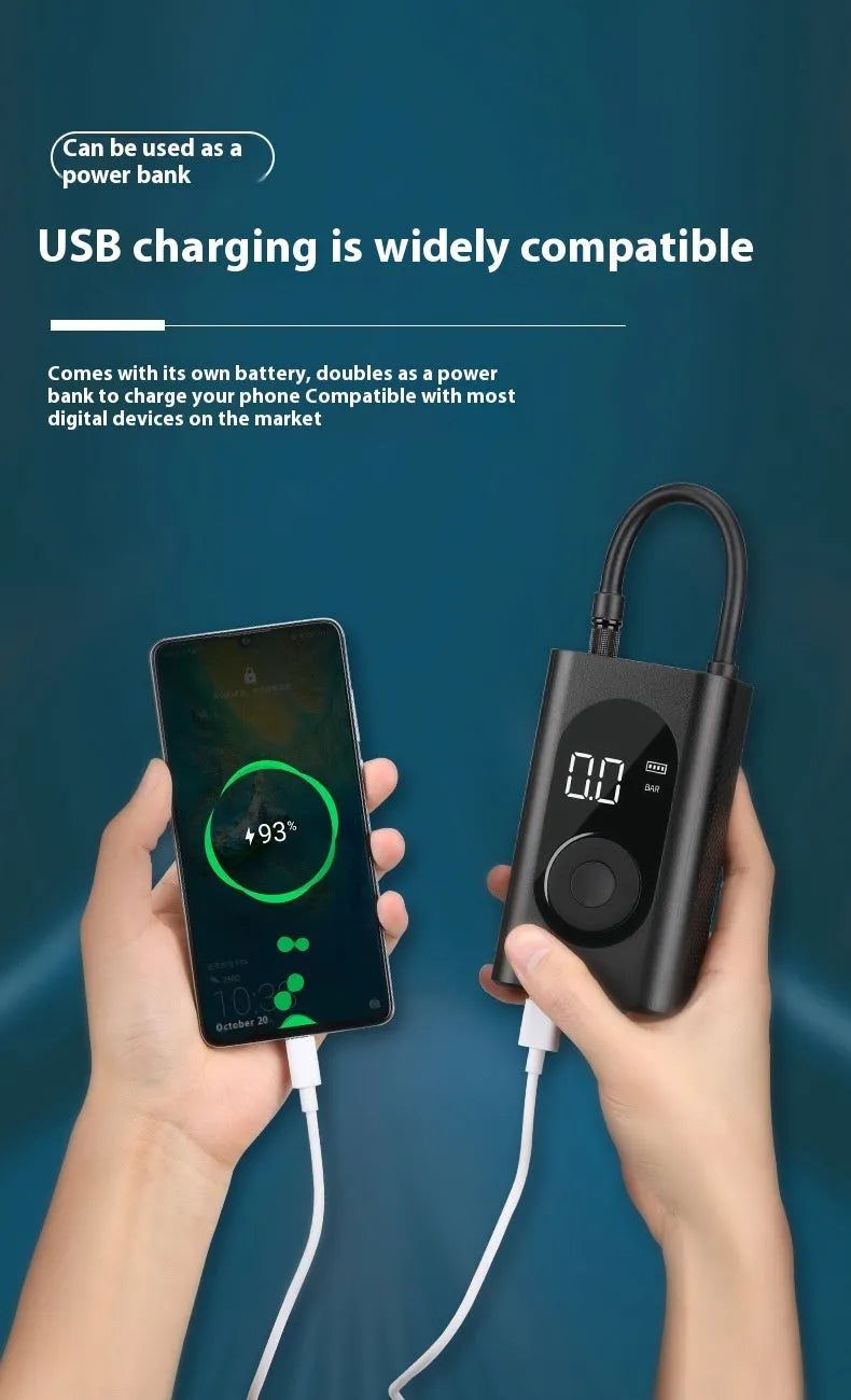 Portable wireless tyre pump with power bank and flashlight functions for multiple vehicles