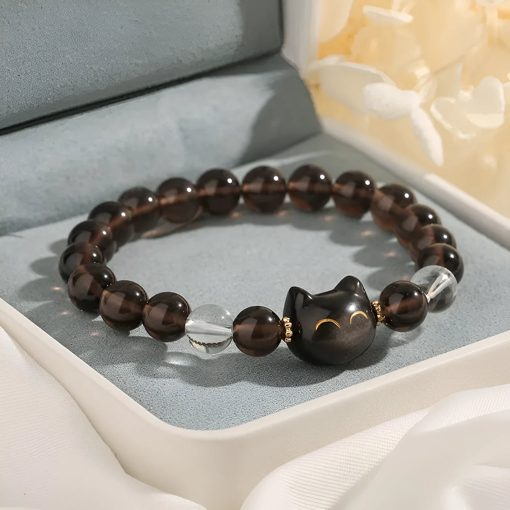 Women's silver tone bracelet with 8mm natural stone and cat head charm