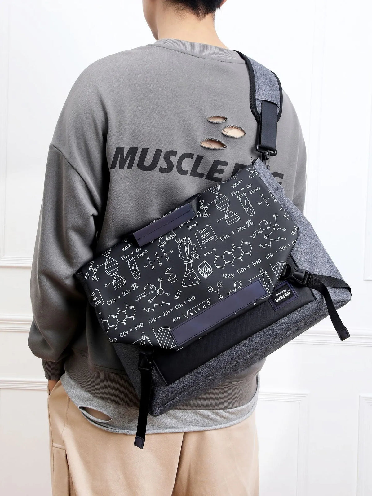 Grey Oxford cloth messenger laptop bag with letter pattern for 16 inch gaming notebook