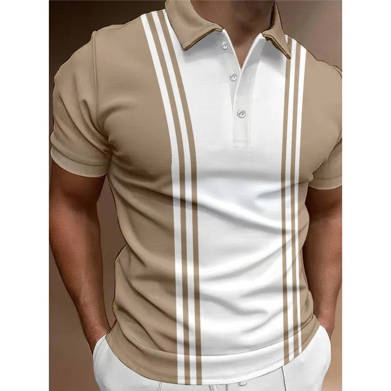 Men's loose-fitting casual t-shirt with a 3-button printed lapel detail and short sleeves.
