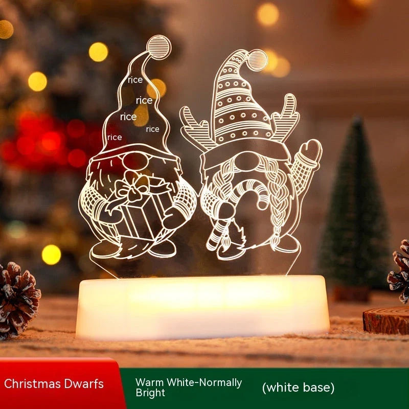 Festive 3D acrylic LED Christmas night lights in various holiday-themed designs, including Christmas trees, elks, and Christmas dwarfs.