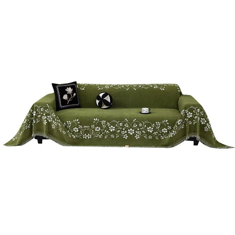 Chenille sofa cover with magnolia embroidery, plants and flowers pattern, Garland black coffee or green, size options to 180x480cm