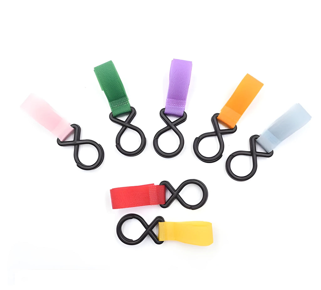 Nylon baby stroller hook, 3 x 17cm, 11g, with Velcro strap, shown in available colours