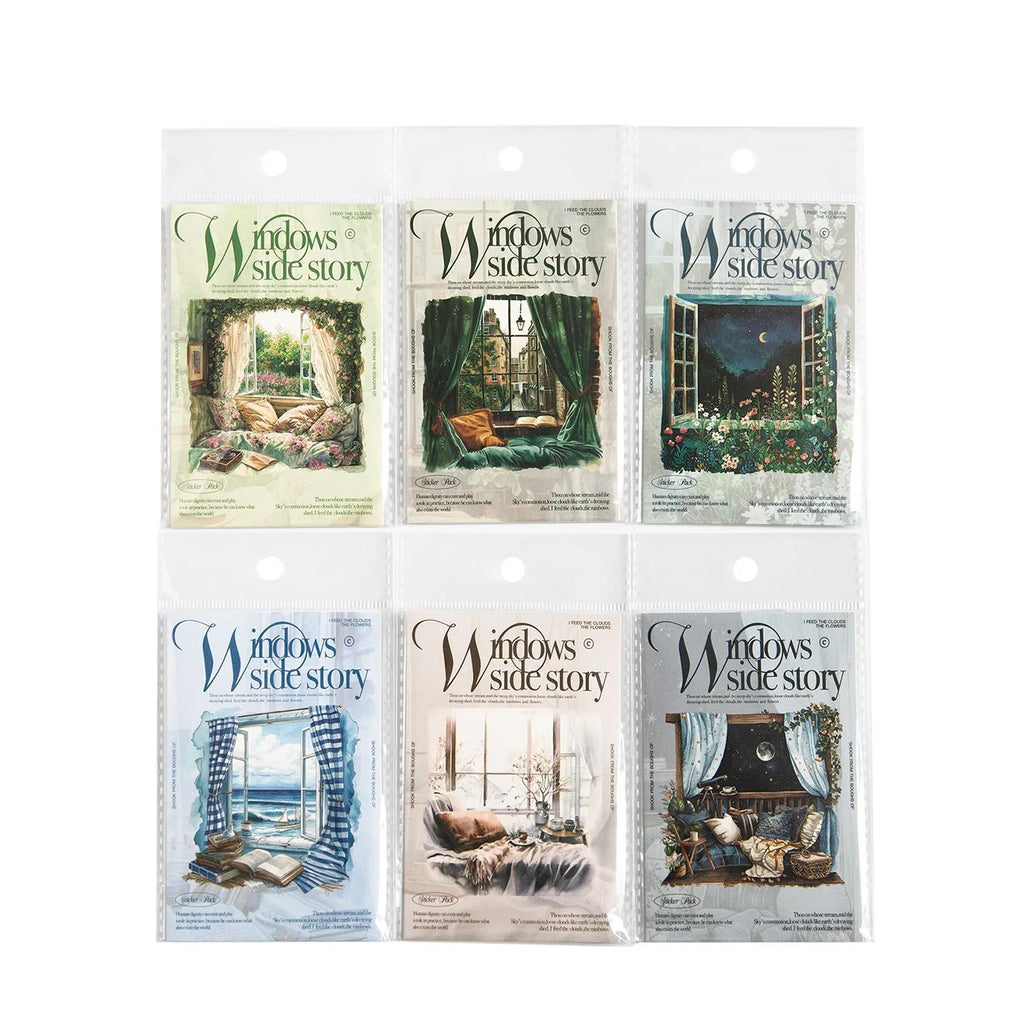 Retro-style Window Story Series decorative vinyl sticker set for journals in multiple colour themes.