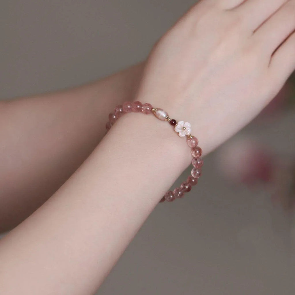 Crystal floral bracelet in strawberry quartz colour with adjustable design for women