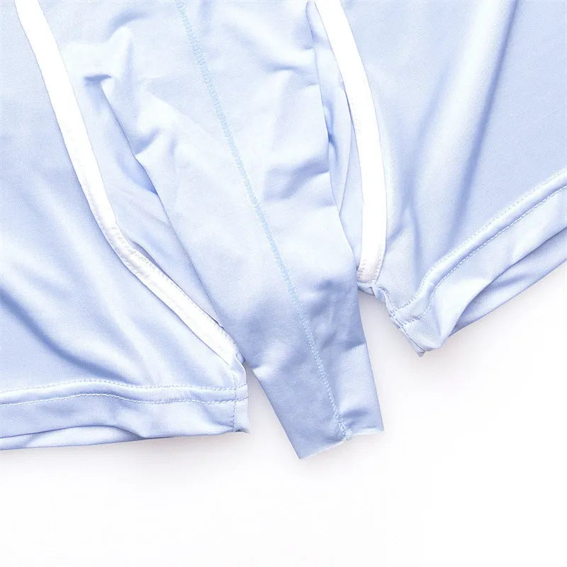 Men's solid colour ice silk boxer shorts in gray, shown laid flat.