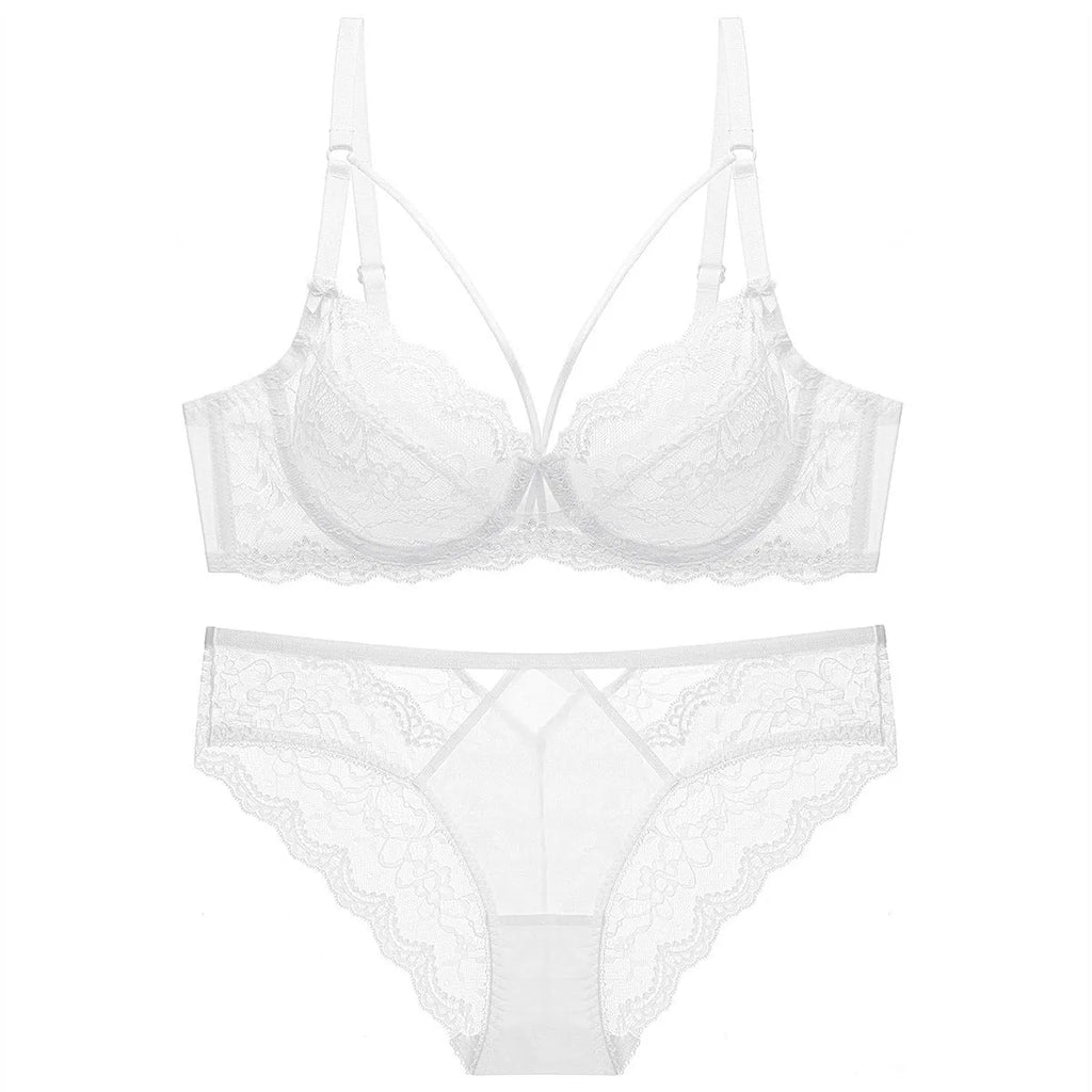 Ladies nylon bra and underwear set, ultra-thin 3/4 cup, fixed double strap, white pink green black, sizes 70A-95D