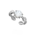 Adjustable silver ring with a shell design and tiger eye stone in white gold or gold finish.