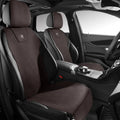 Ultra thin fur car seat cushion in Hermes orange colour with visible ventilation holes and leather backing