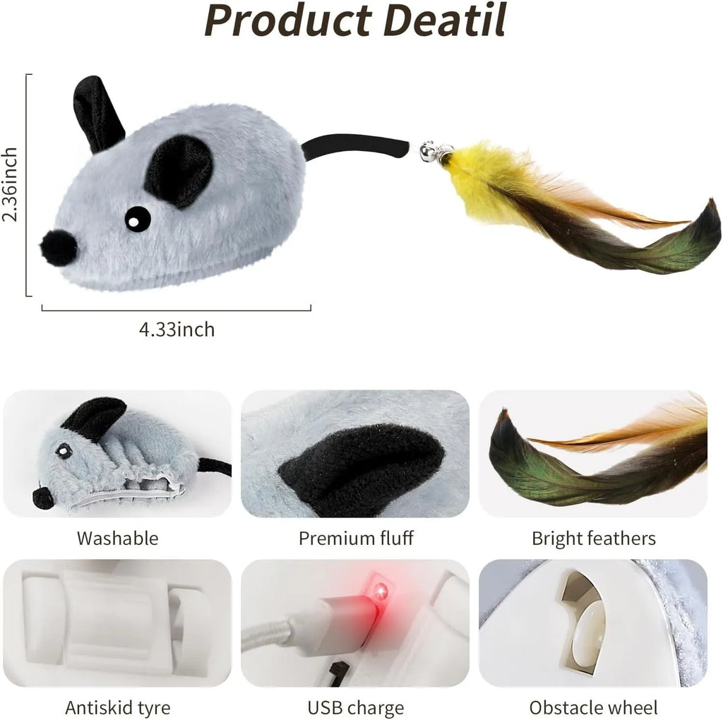 Interactive electric cat mouse toy with removable feather tail shown in grey and yellow colour options