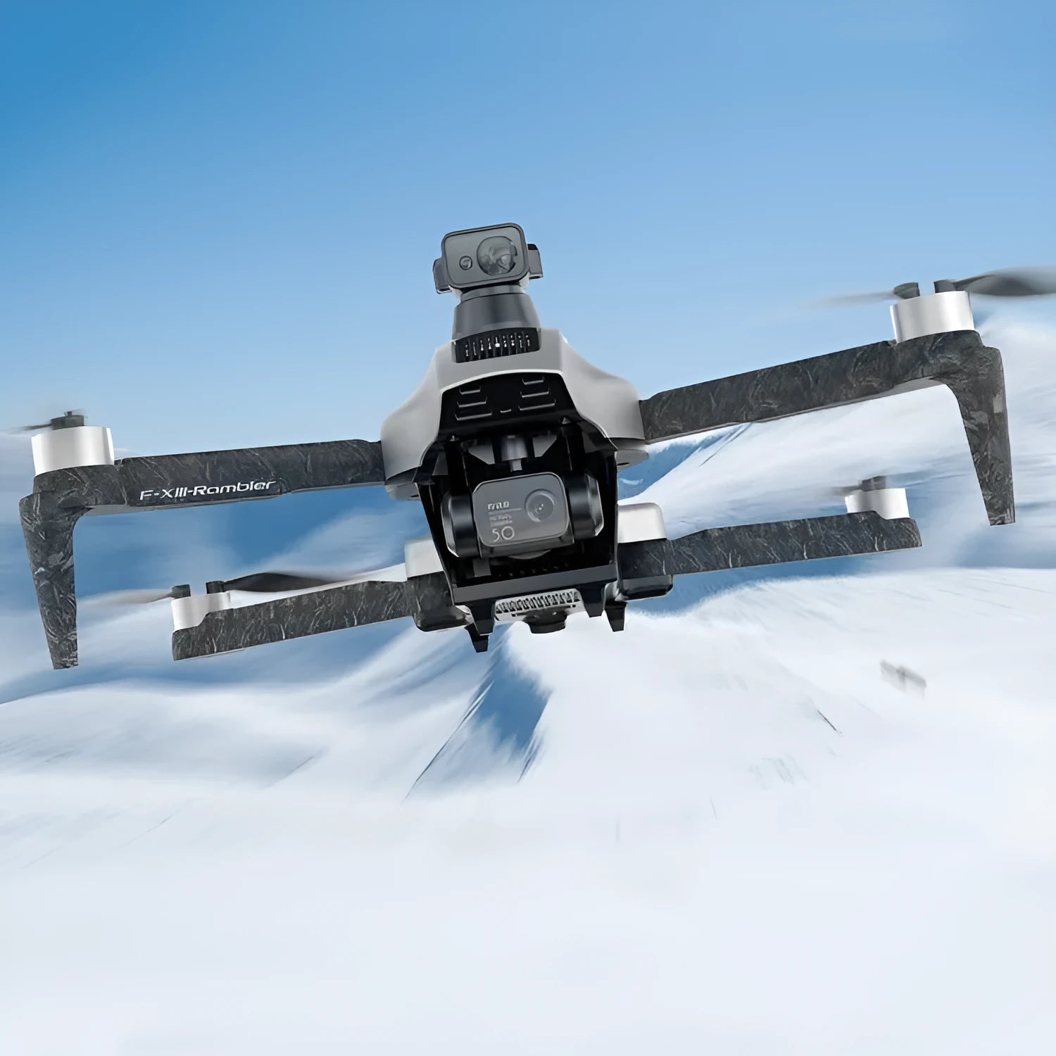 White folding quadcopter drone with 4K camera, shown with remote control and shoulder bag.