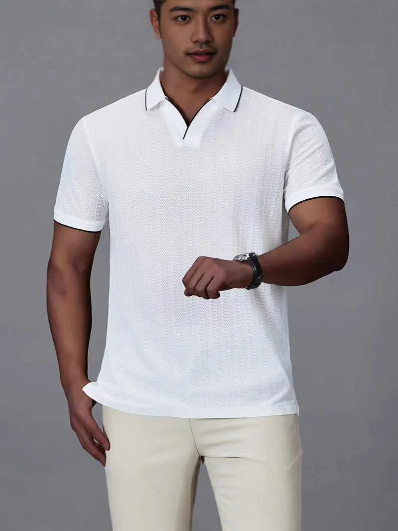 Men's black nylon polo shirt with short sleeves and loose casual fit on hanger