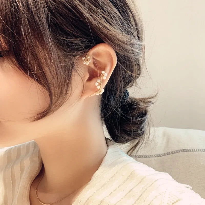 Hand-woven flower pearl earrings for women with geometric design, available in freshwater pearl or artificial pearl