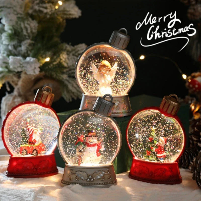 Illuminating LED Christmas decoration with flame-like effect, featuring various holiday figures like Santa, snowman, and angel.