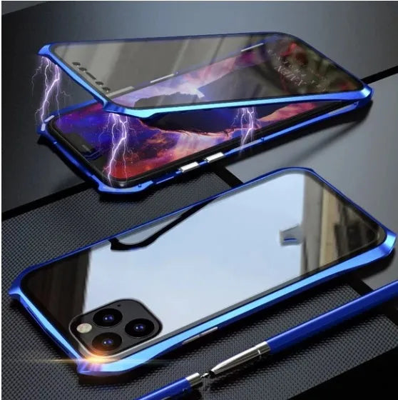 Glass magnetic king metal back cover for iPhone 11 in black, red, blue, and silver colours.