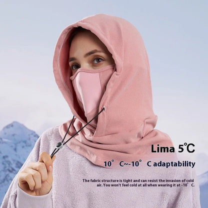 Versatile winter sports mask and hood made of soft, breathable fleece with adjustable drawstring for customized fit