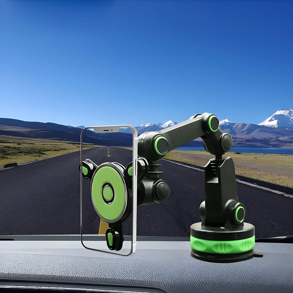 Gravity magnetic car phone holder with suction cup and adjustable arm mounted on dashboard