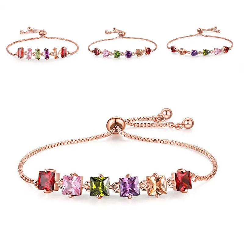 Copper zircon bracelet with geometric inlaid glass stones in water drop oval rectangular round and square shapes