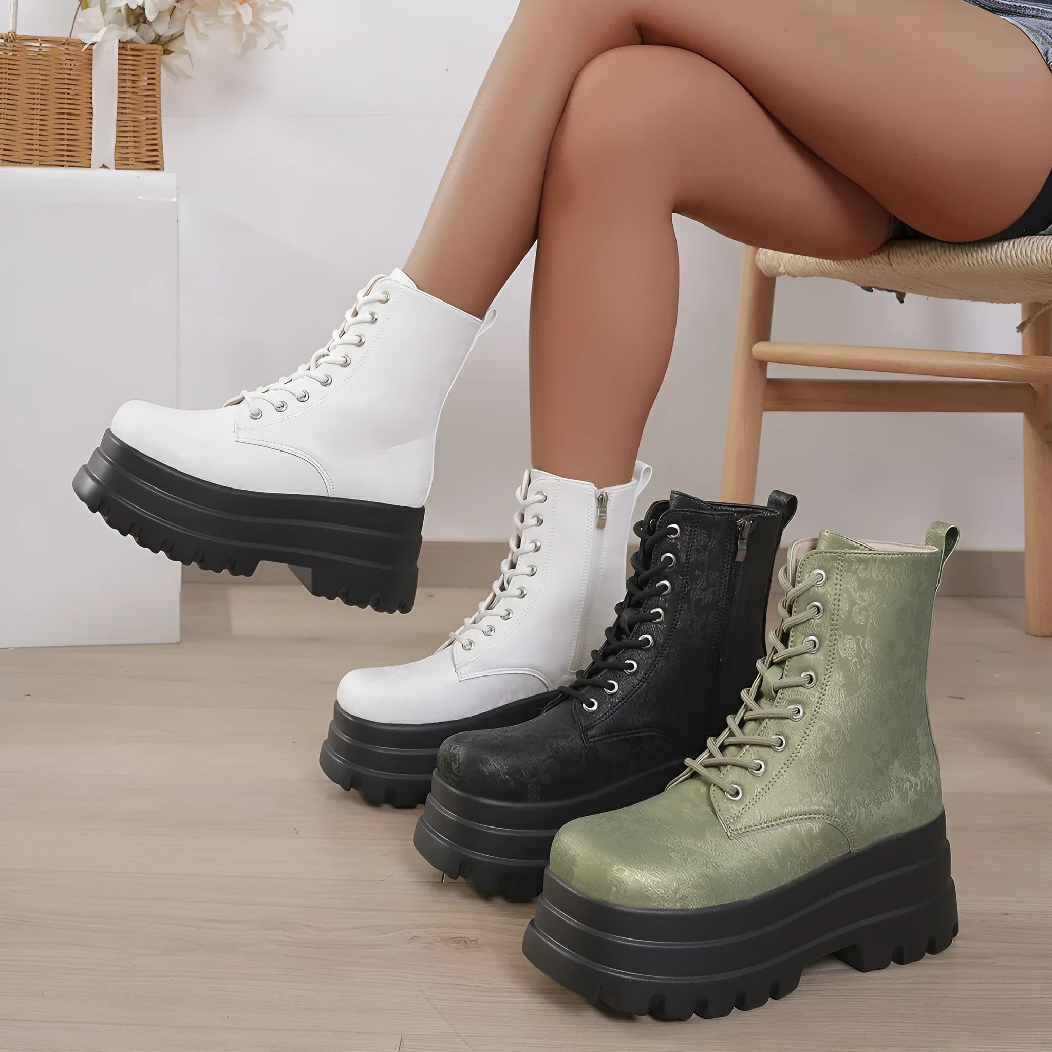Women's white retro platform Martin boots with patchwork toe and side zipper on a chunky heel.