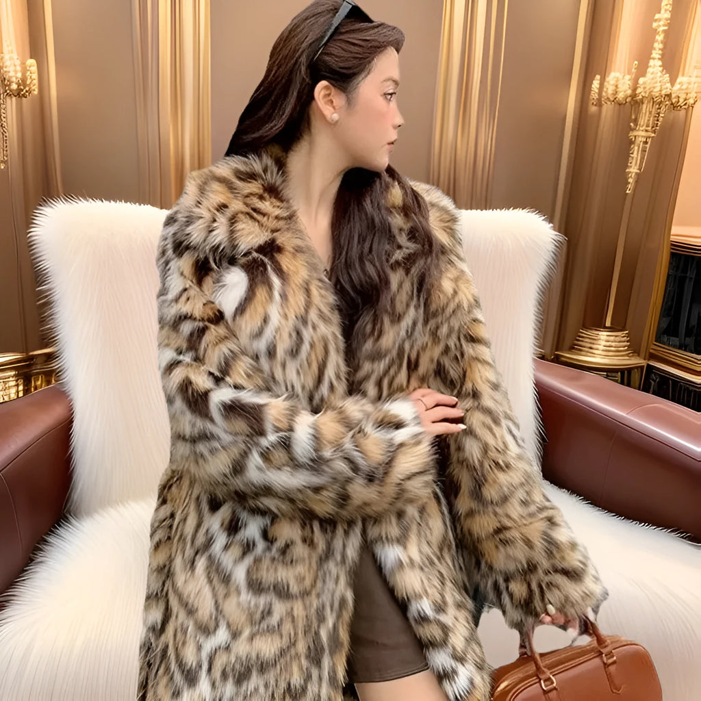 A long faux fur coat in street fashion style with a fur collar and pockets.