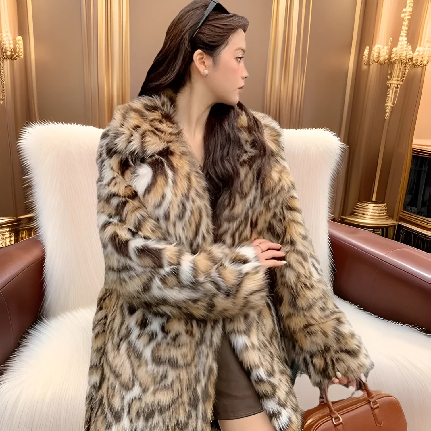 A long faux fur coat in street fashion style with a fur collar and pockets.