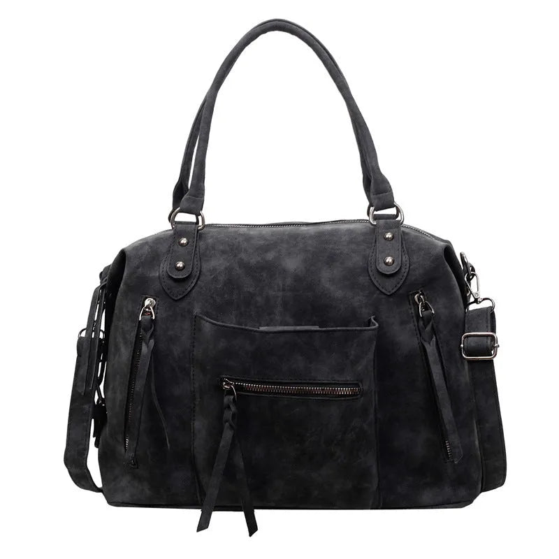 Retro textured women's large-capacity messenger bag in black with stitching detail, 36x25x13cm PU crossbody bag.