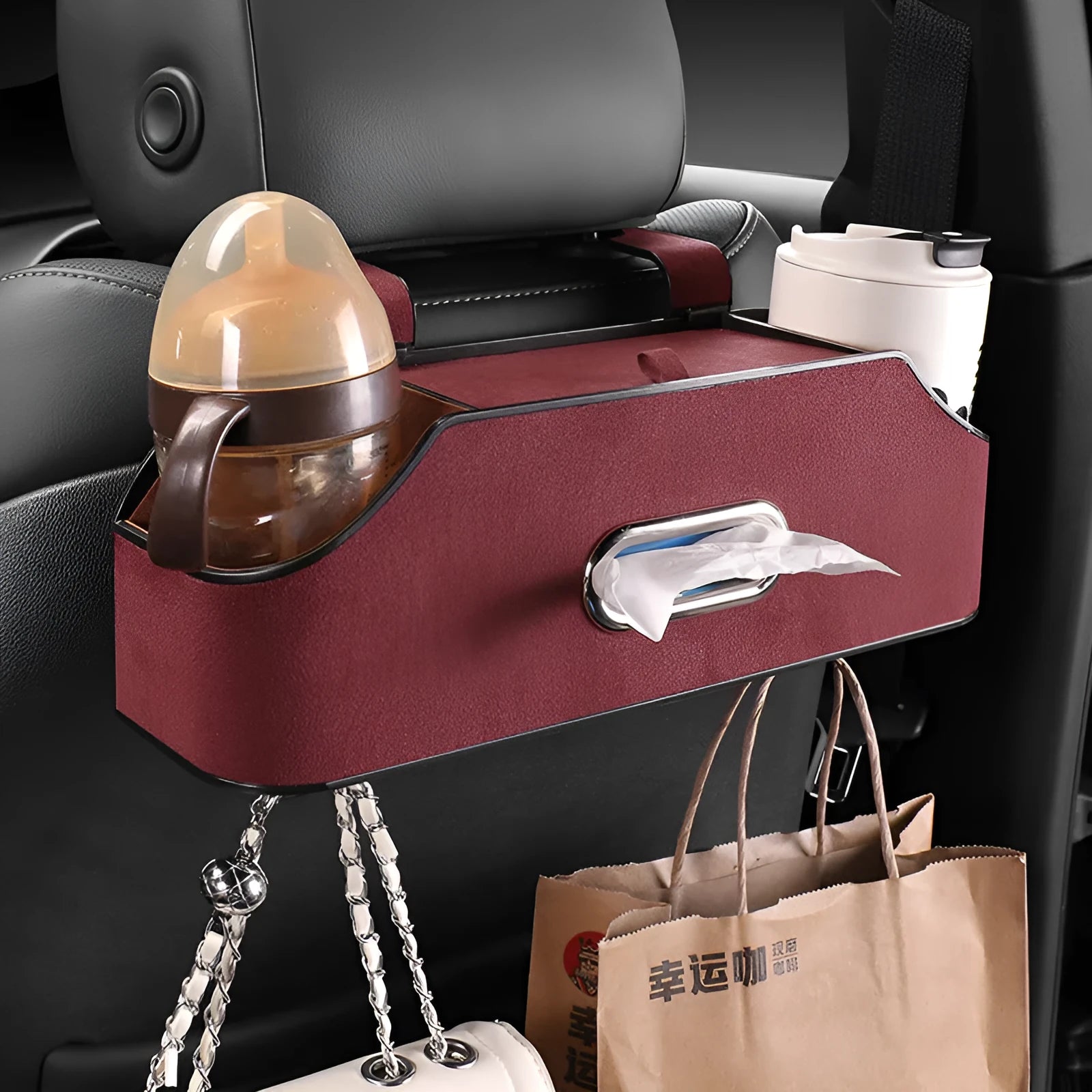 Genuine leather car tissue box organiser with integrated cup holder in five colour options.