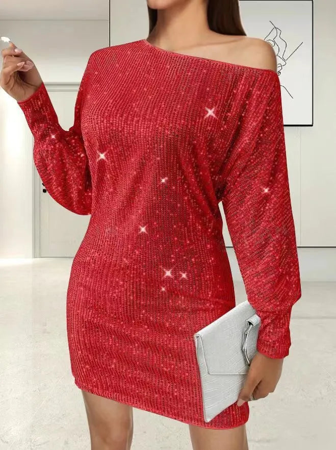 Sequin one-shoulder midi dress with asymmetric hem in solid champagne colour, A-line silhouette