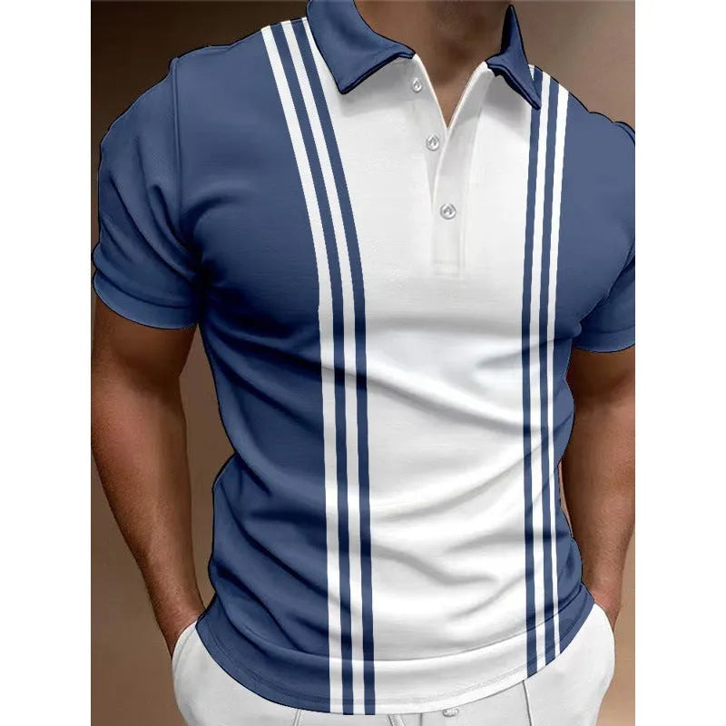 Men's loose-fitting casual t-shirt with a 3-button printed lapel detail and short sleeves.