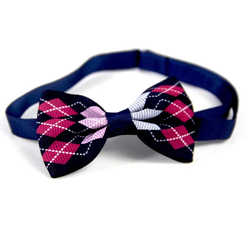 Plaid polyester pet scarf with adjustable collar and bow tie on a cat, eight colour options available